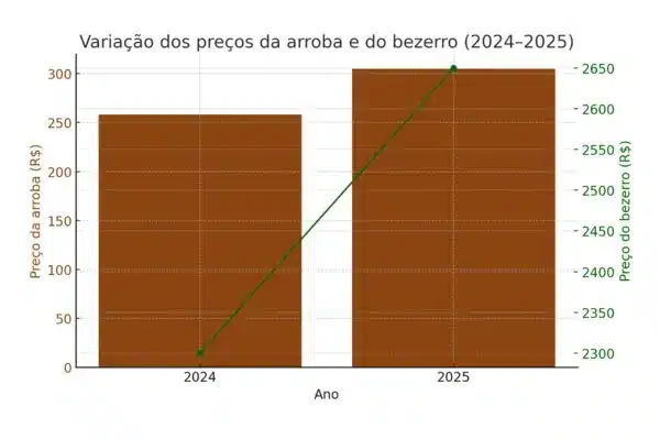 Variação dos preços da arroba e do bezerro (2024–2025)